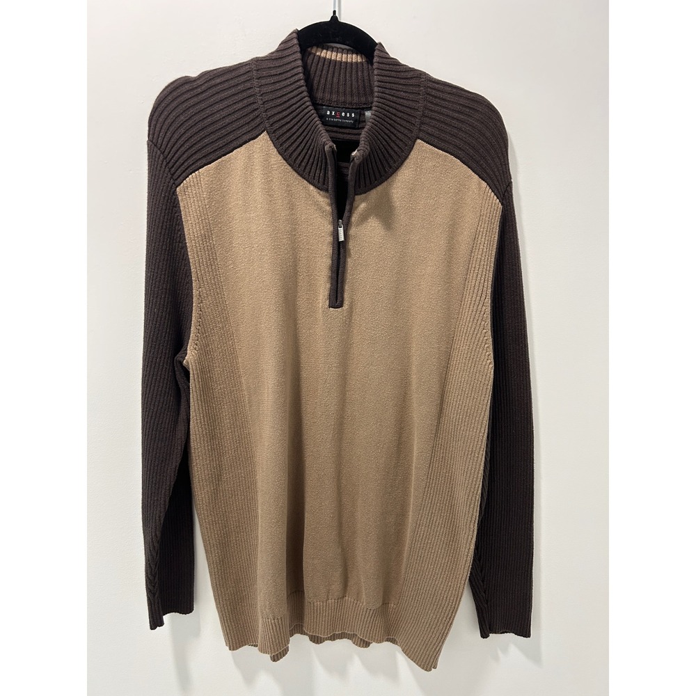 Axcess Claiborne Mens Large Brown Tan Color Block Quarter Zip Cotton Sweater L
